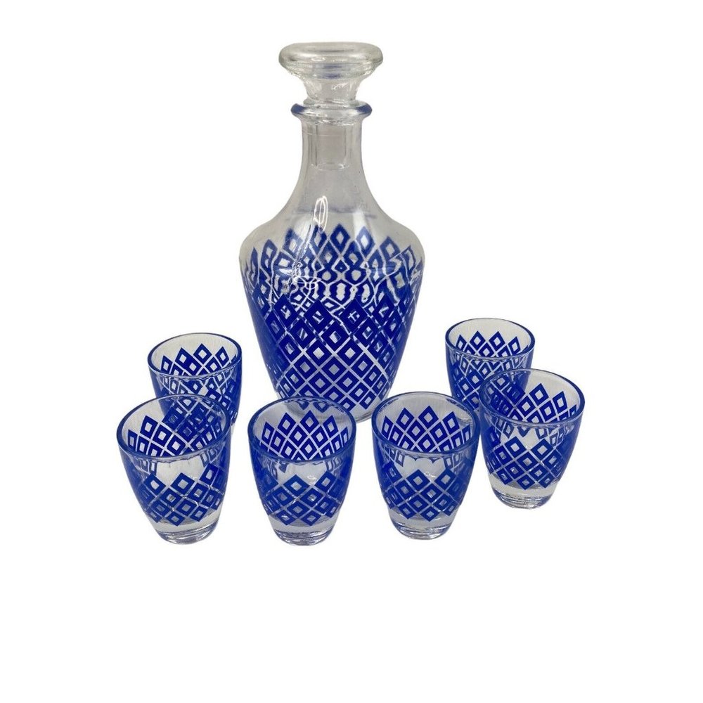 French Liquor Wine Decanter & 6 Shot Glasses Blue Diamond Pattern Barware Bar